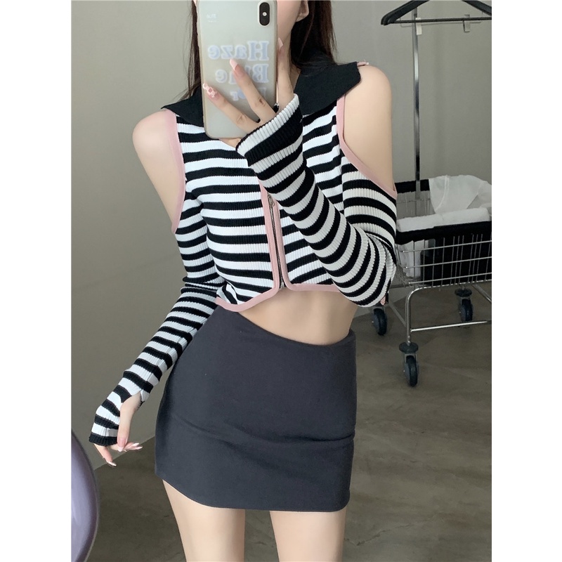Áo Crop Top Dệt Kim Tay Dài Trễ Vai Eo Cao Cổ Polo Phong Cách Retro Mới