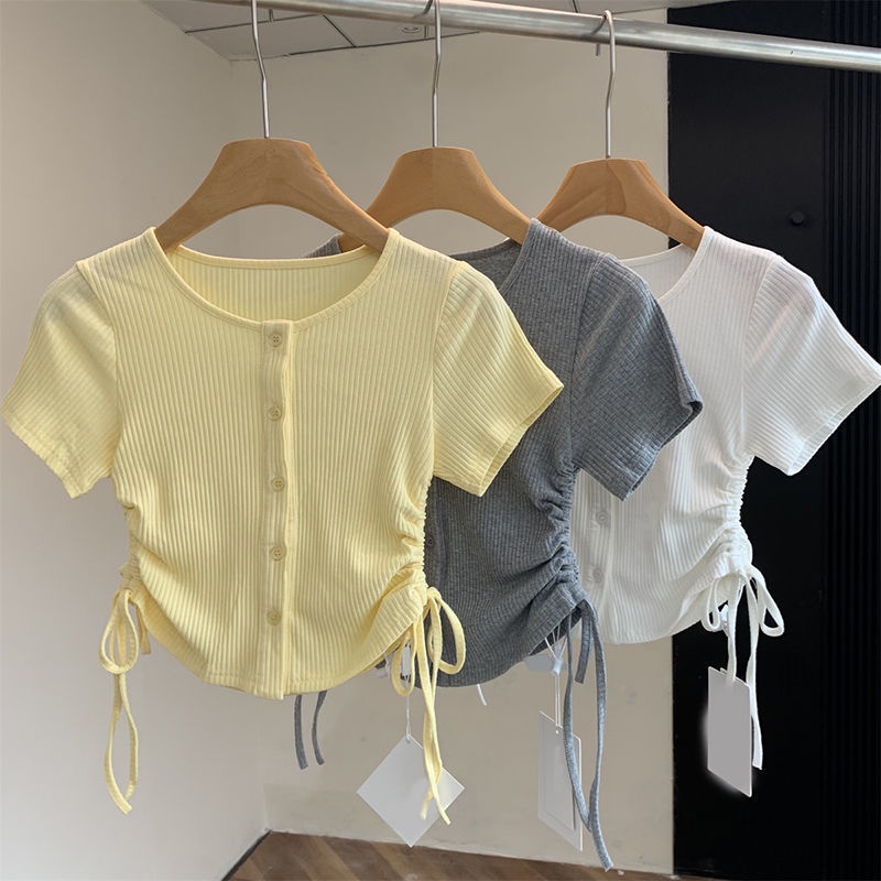 Áo Thun Ngắn Mỏng Ôm Dáng Phối Dây Rút Thời Trang Mùa Hè Phong Cách Mới Dành Cho Nữ