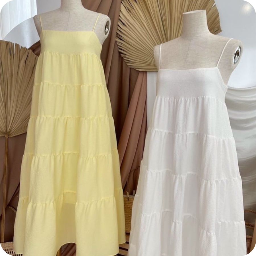 Đầm maxi 2 dây, đầm form babydoll thiết kế nhiều tầng tone màu pastel