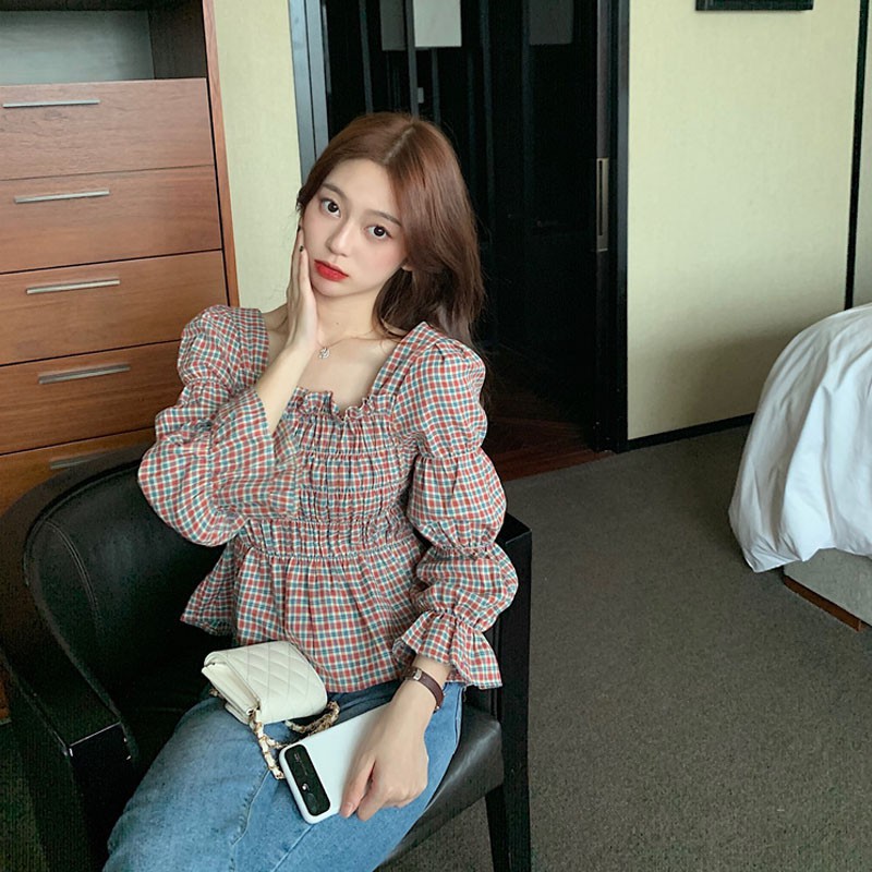 Women Retro Square Collar Plaid Shirt Sleeve Plaid Shirt Slim Waist Shirt Top