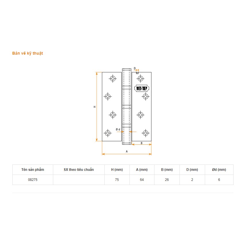 Bản lề lá Việt Tiệp inox trắng 08275 (75mm), 08205 (100mm), 08225 (125mm) - 1 bộ 2 cặp