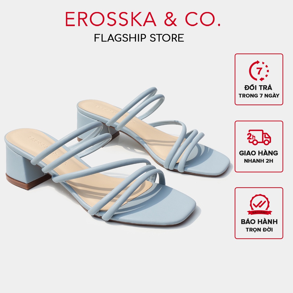 Erosska - Dép cao gót nữ mũi vuông phối dây quai phong cách Hàn Quốc cao 4cm màu xanh - EM086