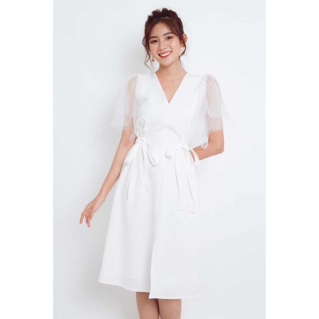 Đầm Thắt Nơ Eo Phối Tay Lưới EDINI - D1110