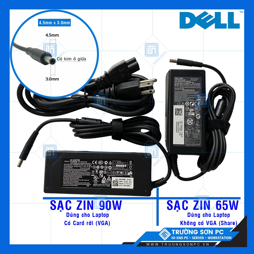 Sạc LAPTOP DELL Chân Kim Nhỏ ZIN Cao Cấp 19.5V – 3.34A/ 4.62A 65W 90W | Adapter Dell 5568 3558 3458 3559