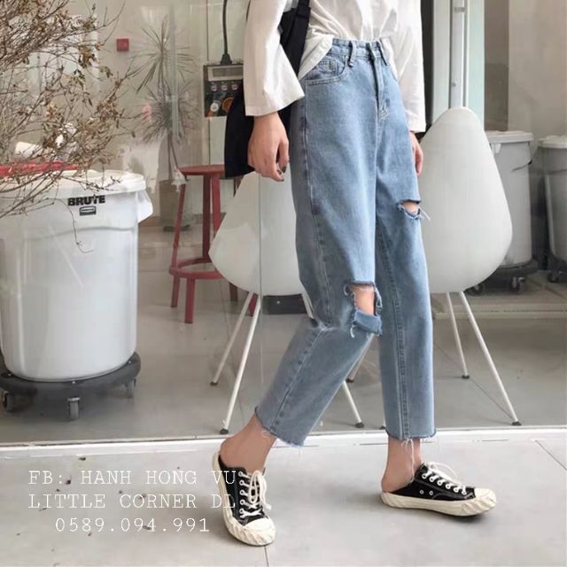 Quần slim baggy jeans rách sườn ô xẻ form ulzzang kèm ảnh thật