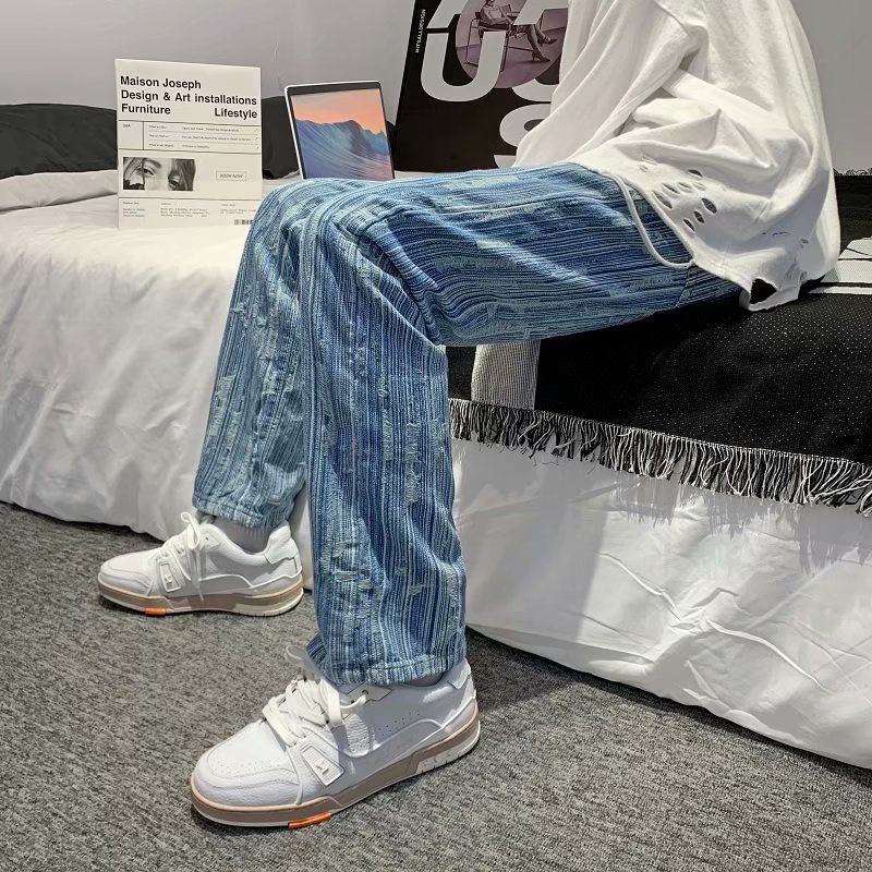 Quần jean nam dáng dài ống suông rộng họa tiết kẻ sọc phong cách retro thường ngày