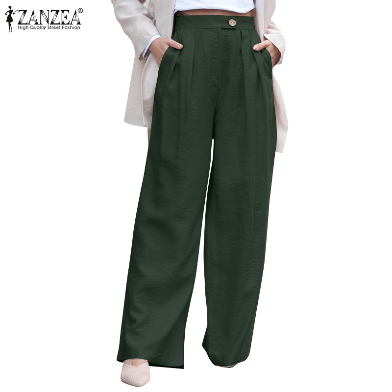Quần Zanzea ống rộng eo cao màu trơn thời trang đơn giản cho nữ