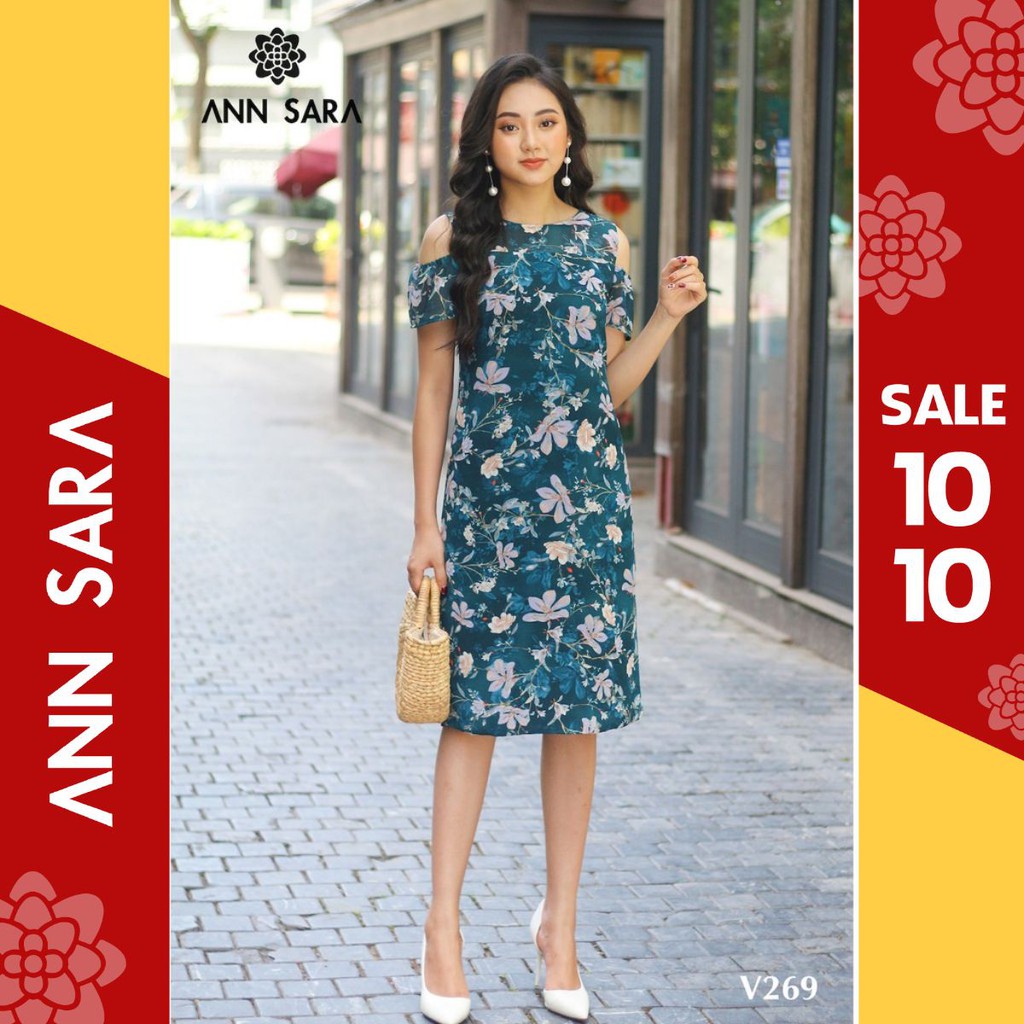 V269 - Đầm suông hở vai hoa xanh ANN SARA