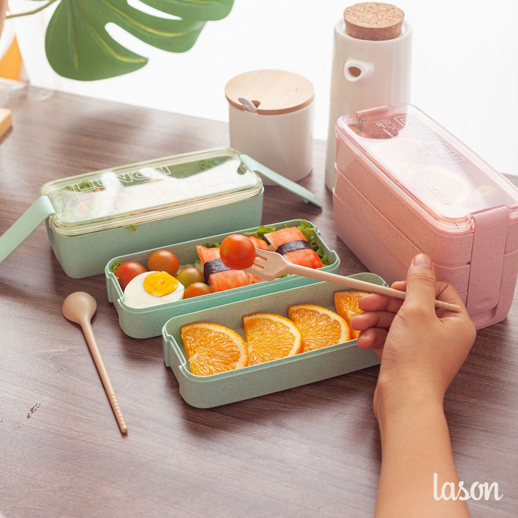 Hộp cơm nhựa Lason lúa mạch, hộp đựng cơm trưa  kèm bộ thìa đũa nhựa HC00118