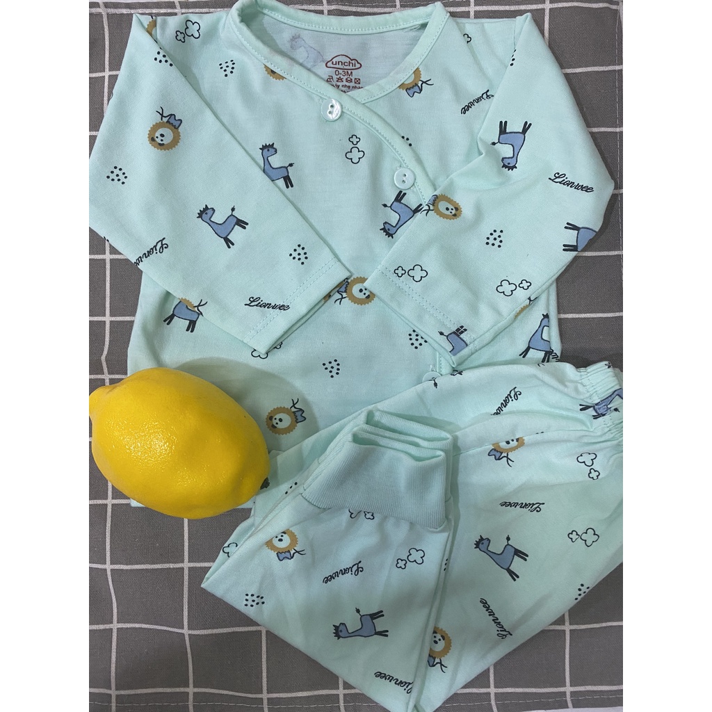 Bộ sơ sinh cotton UNCHI dài tay quần đáp đũng cho bé 3-9kg BSS320