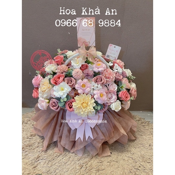 [Lẵng hoa Khai Trương, Sinh nhật] Lẵng Khả An làm bởi hoa sáp cao cấp mix hoa lụa Hàn cực đẹp. KT 45 x 50cm