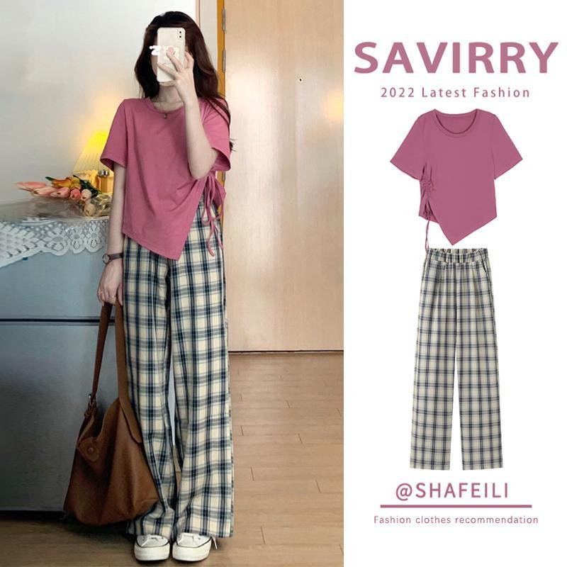 New summer suit women's meat hiding light cooked salt short-sleeved top slimming plaid pants wide-leg pants two-piece suit