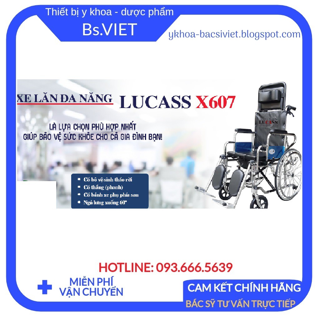 Xe lăn cao cấp đa năng Lucass X607-Xe ngả nằm có bô, có thắng, 2 bánh xe chống lật cho người già, bệnh nhân, khuyết tật