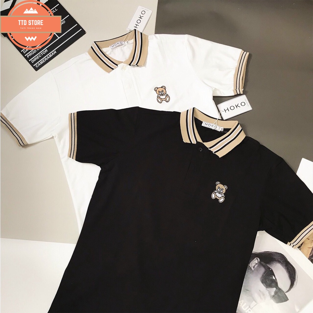 Áo thun nam nữ cổ trụ tay ngắn phối cổ thêu logo gấu, áo chất cotton thoáng mát thời trang hot trend 2022