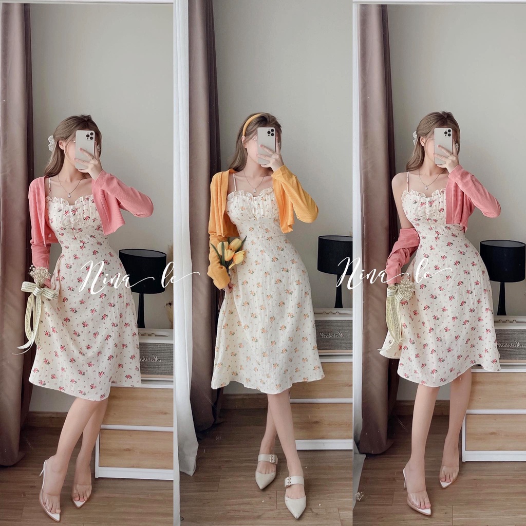 Set Váy Đầm Hoa Nhí 2 Dây Cúp Ngực Chiết Eo Phối Áo Khoác Cadigan Lửng Dài Tay Freesize