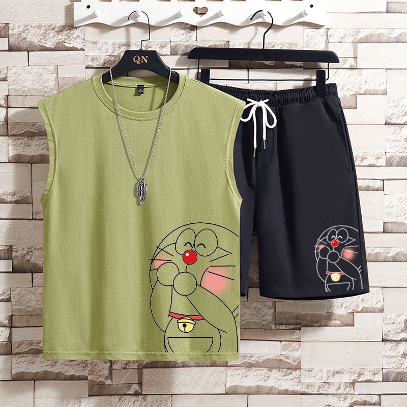 Set Áo Thun Không Tay In Hình Doraemon + Quần Short Thời Trang Mùa Hè Cho Nam Và Nữ