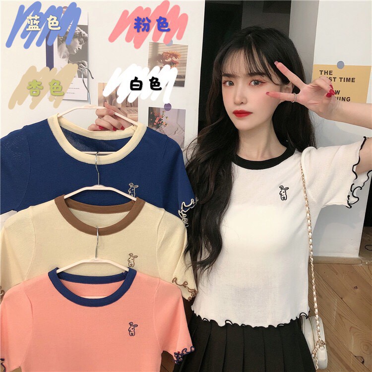 ÁO CROPTOP KIỂU CỔ TRÒN THÊU THỎ TRƯỚC NGỰC VẢI THUN GÂN [CLIP THẬT][FREESHIP] hàng loại 1, form ôm body chuẩn | BigBuy360 - bigbuy360.vn