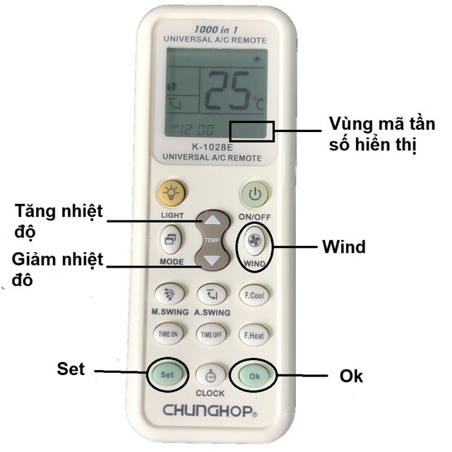 Khiển remote điều hoà máy lạnh đa năng CHUNG HOP K1028