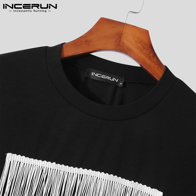 Áo Thun INCERUN Ngắn Tay Cổ Tròn Phối Tua Rua Thời Trang Cho Nam