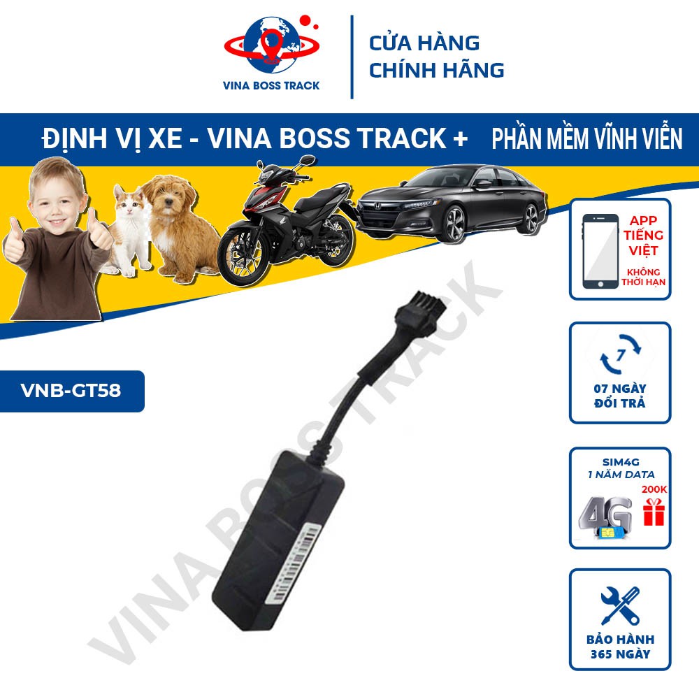 Thiết bị định vị GPS ô tô xe máy VNB-GT58, miễn phí phần mềm vĩnh viễn, bảo hành 12 tháng ưu đãi mua kèm sim 4G