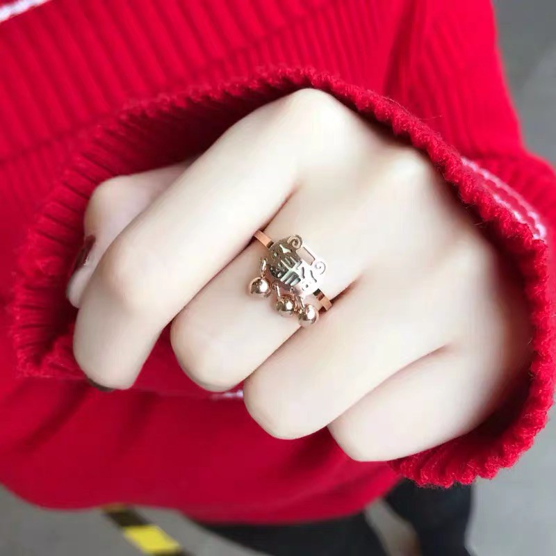 Nhẫn thép titan mạ vàng hồng 18k không phai màu chống gỉ/dị ứng kháng nước mặt khóa trường mệnh rỗng với hạt tròn