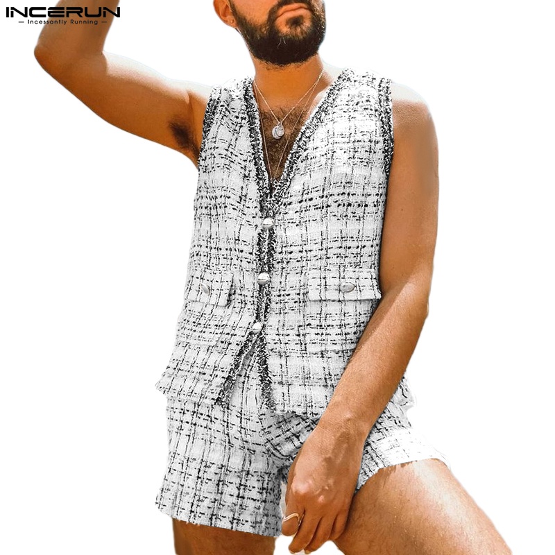 Set trang phục INCERUN áo ghi lê cổ chữ V + quần ngắn thời trang nam