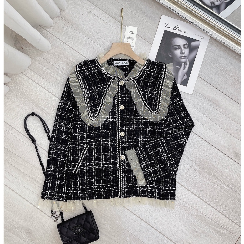 Áo khoác dạ nữ họa tiết caro cổ phối bèo piter sang chảnh Bling Store | BigBuy360 - bigbuy360.vn