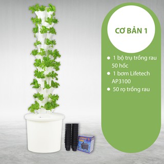 Trụ Trồng Rau Khí Canh / Thủy canh 50 hốc rau (Trụ cơ bản Trụ + Rọ +Bơm)