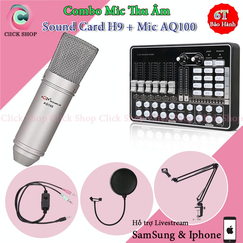 Combo Mic Thu Âm Karaoke Aqta AQ100 và Sound Card H9 có Bluetooth Auto-tune Tích Pin Sạc Kèm Dây MA2 Chân Kẹp Màng Lọc
