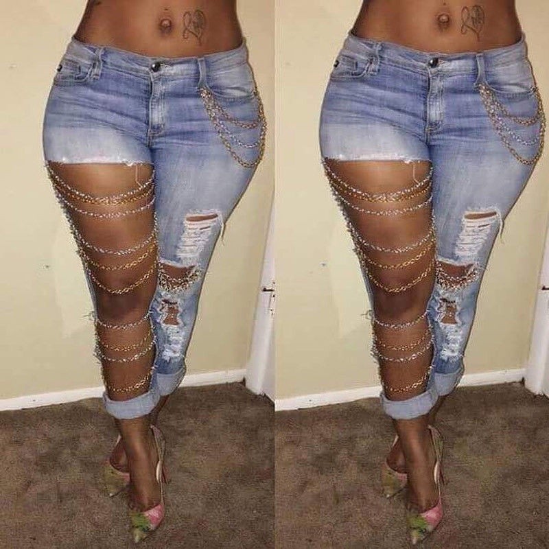 ☛☏❤Fashion Women Sexy Destroyed Ripped Distressed Chain Denim Pants Boyfriend Jeans | BigBuy360 - bigbuy360.vn