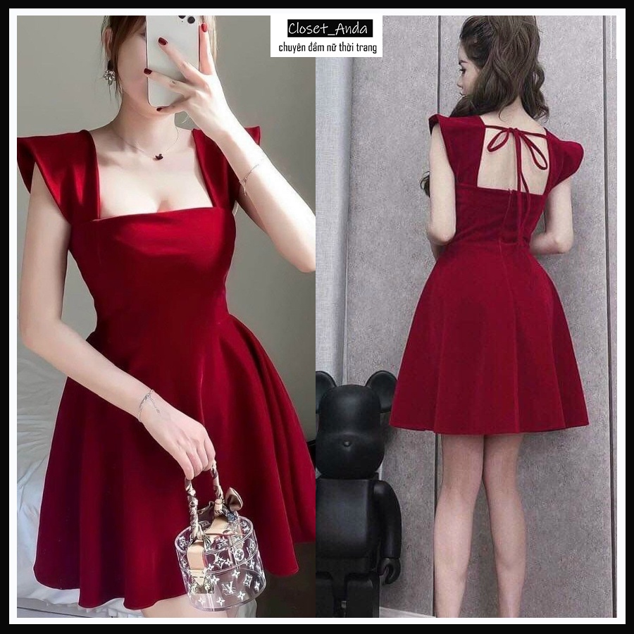 ĐẦM NỮ DÁNG XÒE MÀU ĐỎ CÁNH TIÊN HỞ LƯNG FREESHIP ĐẦM NHUNG DỰ TIỆC SANG CHẢNH 2 DÂY