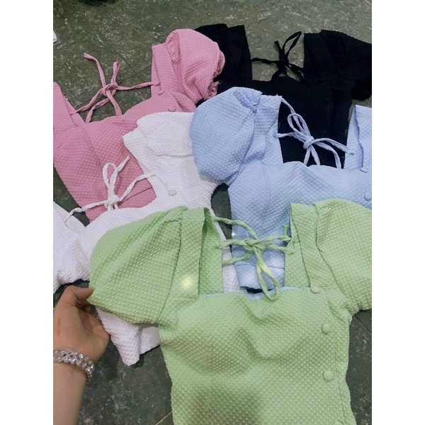 áo xốp cổ vuông tay ngắn nút bọc hàng sịn sò