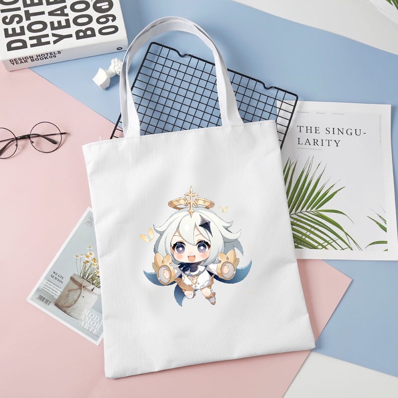 Túi tote vải trắng đeo vai in hình NHÂN VẬT GENSHIN IMPACT tiện lợi thời trang anime chibi game M1