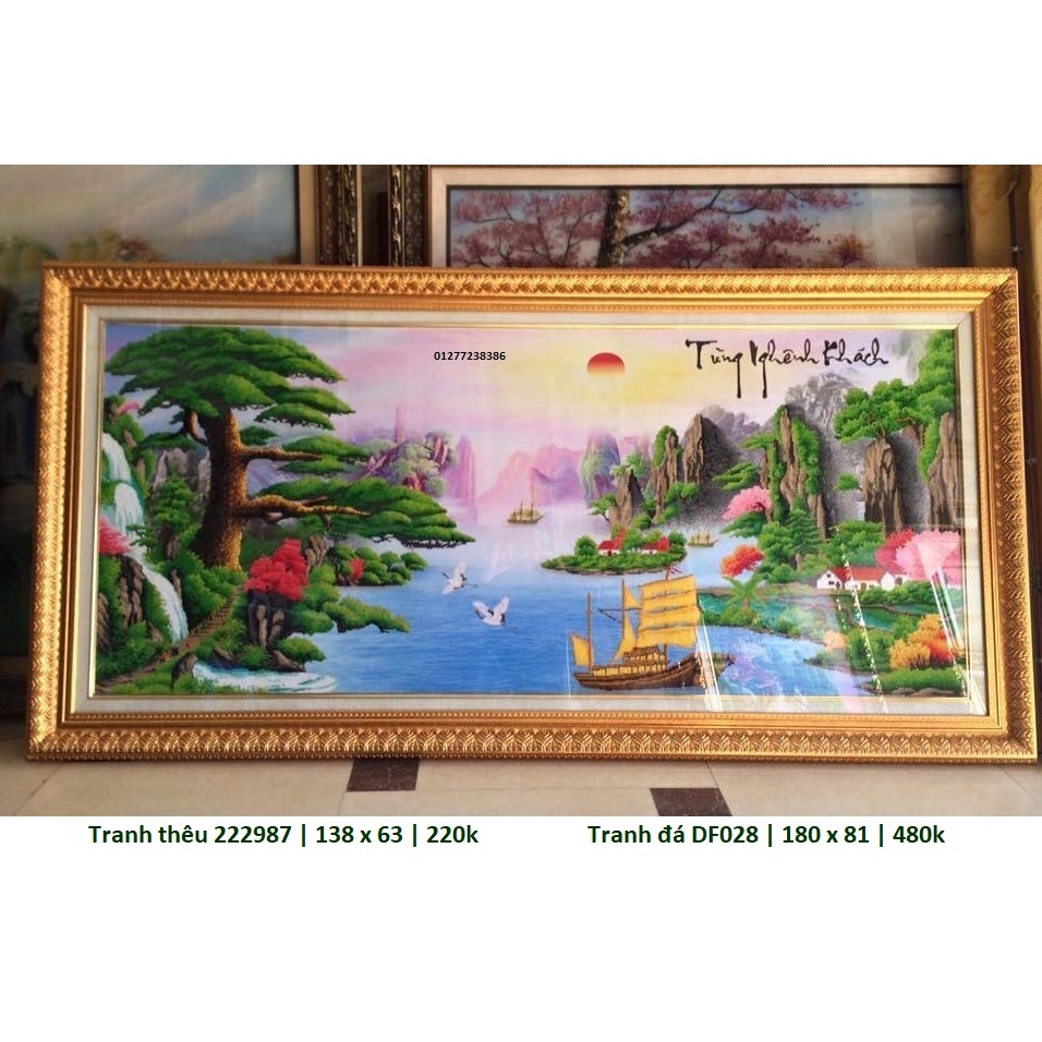 Tranh thêu chữ thập, tranh đính đá tùng nghênh khách 222987 (138 x 63 cm), DF028 (180 x 81 cm)