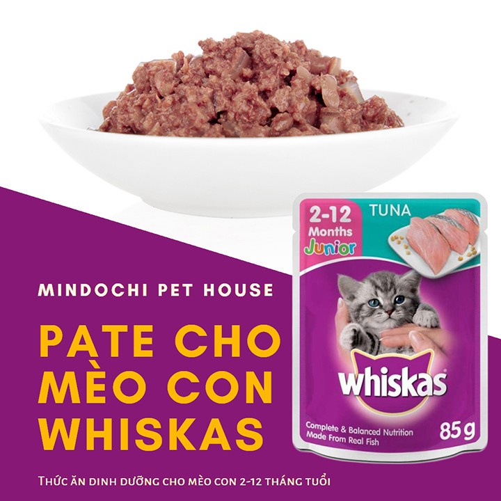 Pate/ Thức ăn ướt Whiskas gói 85g vị cá chứa nhiều chất làm cho hệ tiêu hóa của mèo dễ hấp thu dành cho mèo dưới 12tháng