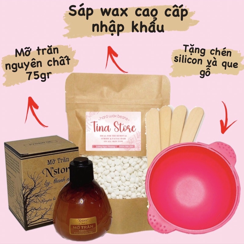 Combo triệt lông sáp wax nóng wax lông hard wax bean và mỡ trăn nguyên chất 75gr tặng chén silicon và que gỗ,tinastore29