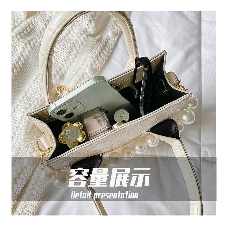 Túi Xách JASMIN NOIR Da Cá Sấu Dáng Vuông Nhỏ Đính Ngọc Trai Giả Sang Trọng Cho Nữ