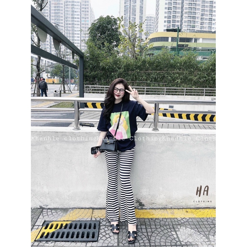 set bộ áo thun form rộng cô gái tóc vàng quần loe dài sọc k