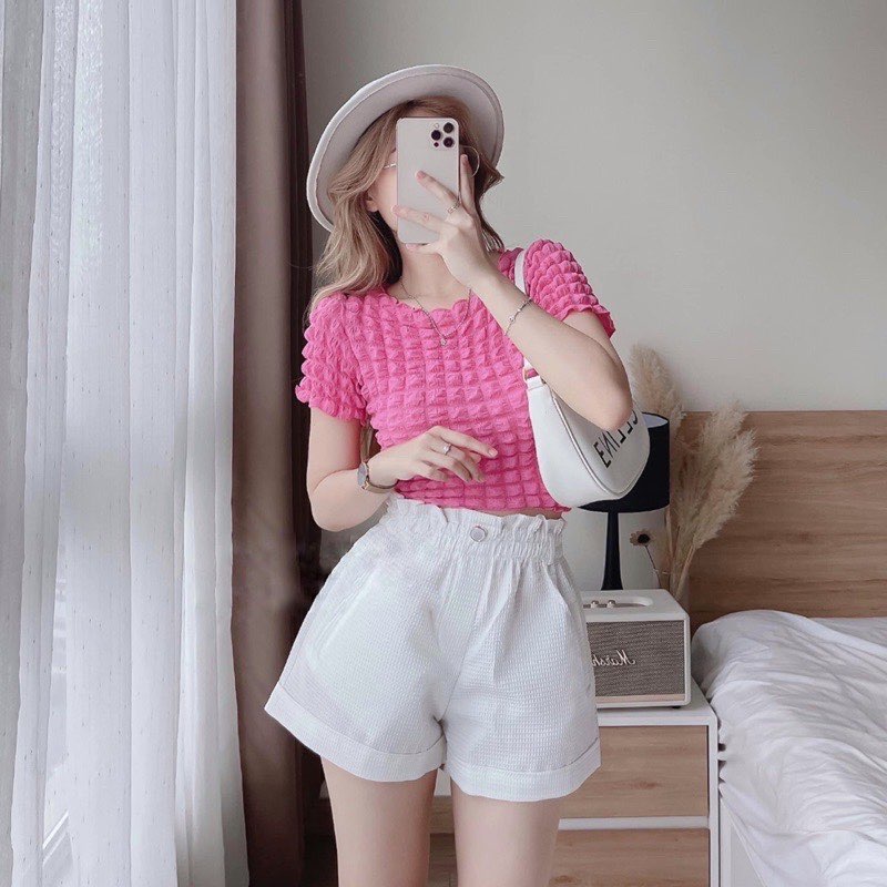 Áo Croptop Tay Ngắn Chất Xốp Phồng Kẻ Ô Vuông Nữ Kiểu Dáng Ôm Body Năng Đông Phong Cách Hàn