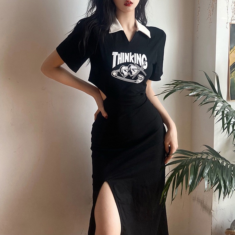 Đầm Body Cổ Sơ Mi Đan Dây Sau Khoét Eo Xẻ Đùi