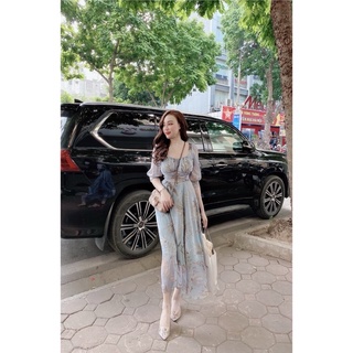 Đầm hoa xanh tay bồng