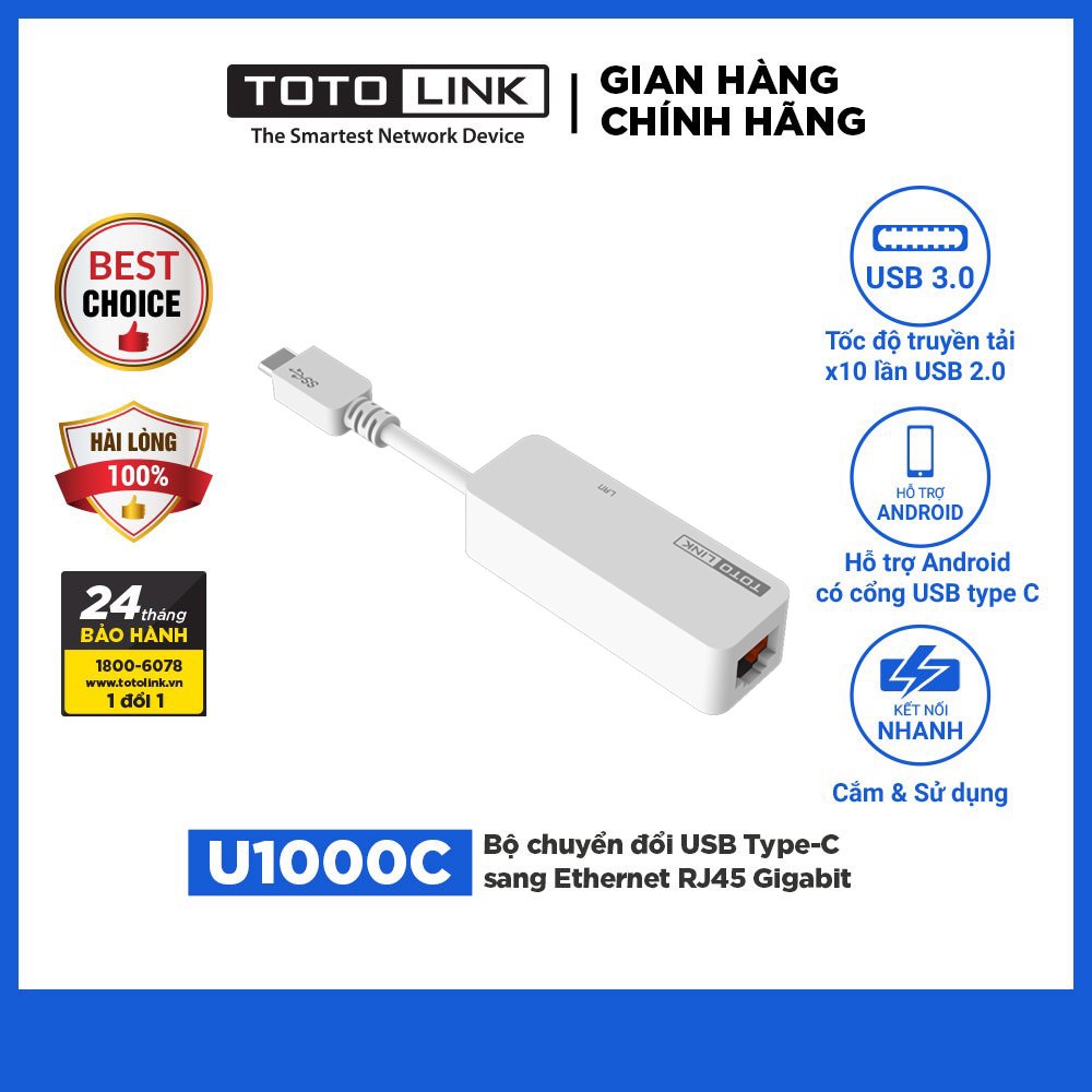 U1000C - Bộ chuyển đổi USB Type-C sang Ethernet RJ45 Gigabit hàng chính hãng