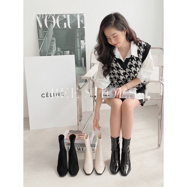 BEESHOES - GIÀY BOOT NỮ MŨI VUÔNG CỔ CAO GÓT TRỤ - GIÀY BỐT NỮ MŨI VUÔNG GÓT TRỤ CAO 7 PHÂN SẴN MÀU ĐEN - KEM 201177