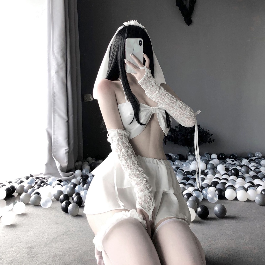 Đồ ngủ sexy đồ ngủ nữ cosplay cô dâu 1 sexy ren lưới hoa văn màu đen màu trắng freesize QUENQUEN store a2 | BigBuy360 - bigbuy360.vn