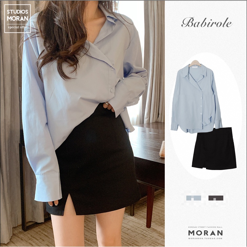 (ORDER) Áo sơ mi dài tay MORAN cổ bẻ cài khuy lệch vạt style Hàn Quốc thanh lịch (Hàng_mới_về)