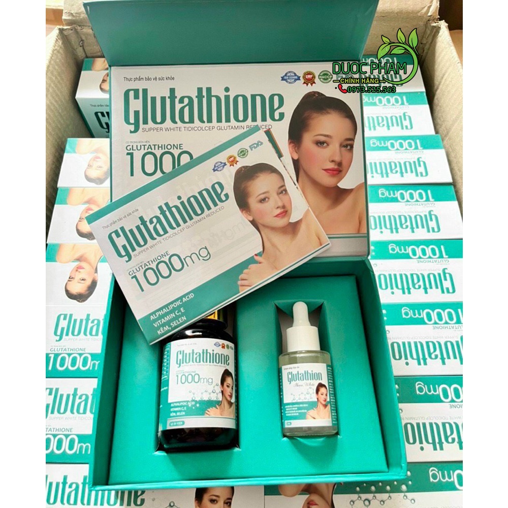 Viên uống trắng da glutathione 1000mg có serum dưỡng trắng giúp trắng da, nâng tông, giảm nám, tàn nhang
