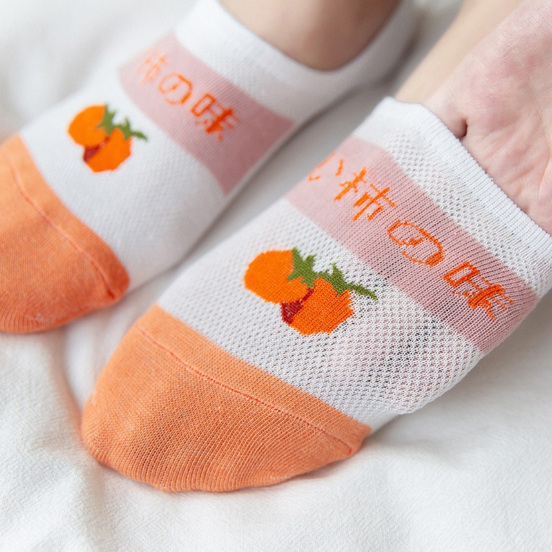 WAFNHA D270 Vớ Cotton Cổ Thấp Chống Trượt In Họa Tiết Dâu Tây Hồng