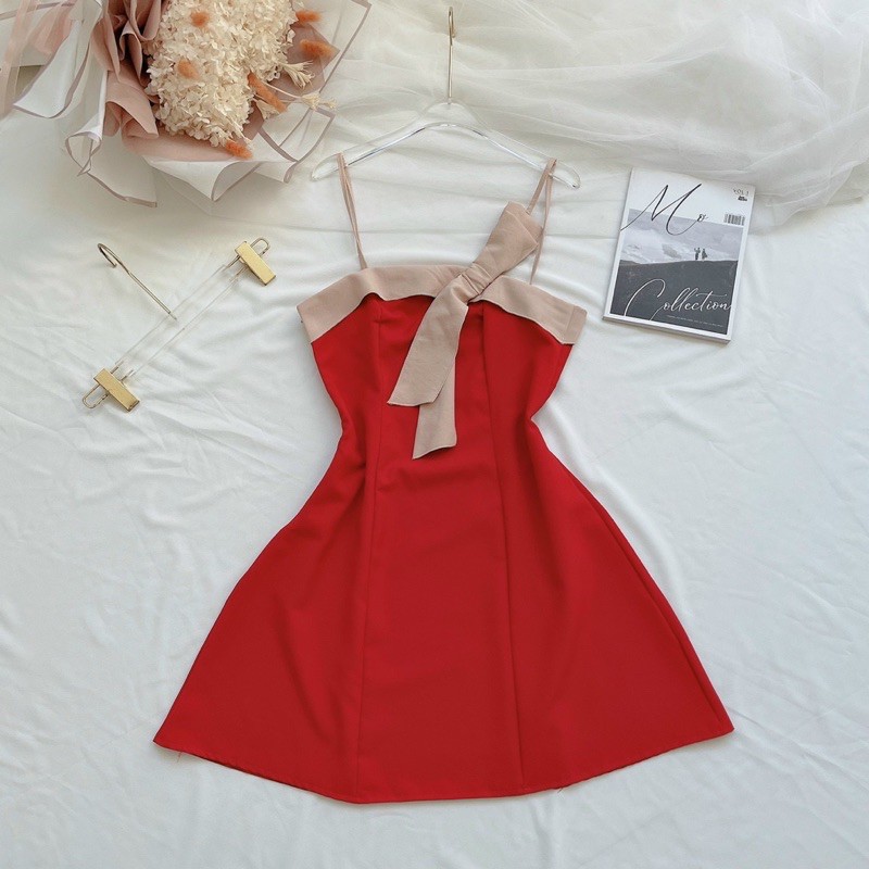 Đầm 2 dây phối màu nơ kute chất vải Tuyết Mưa Free Size 40-50kg dành cho nữ | BigBuy360 - bigbuy360.vn