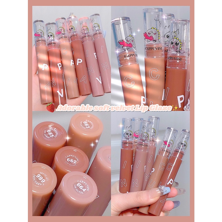 ✨✨【màu tương tự như toorune】Son kem lì Cappuvini họa tiết thú cưng khủng long nhỏ dễ thương