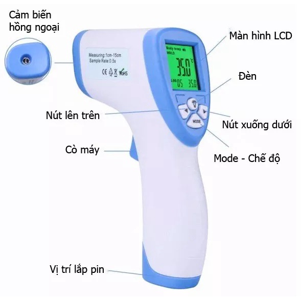 Máy đo thân nhiệt hồng ngoại, đo thân nhiệt, đo nhiệt độ nước, màn hình LED hiện thị 3 sắc màu, thay được pin